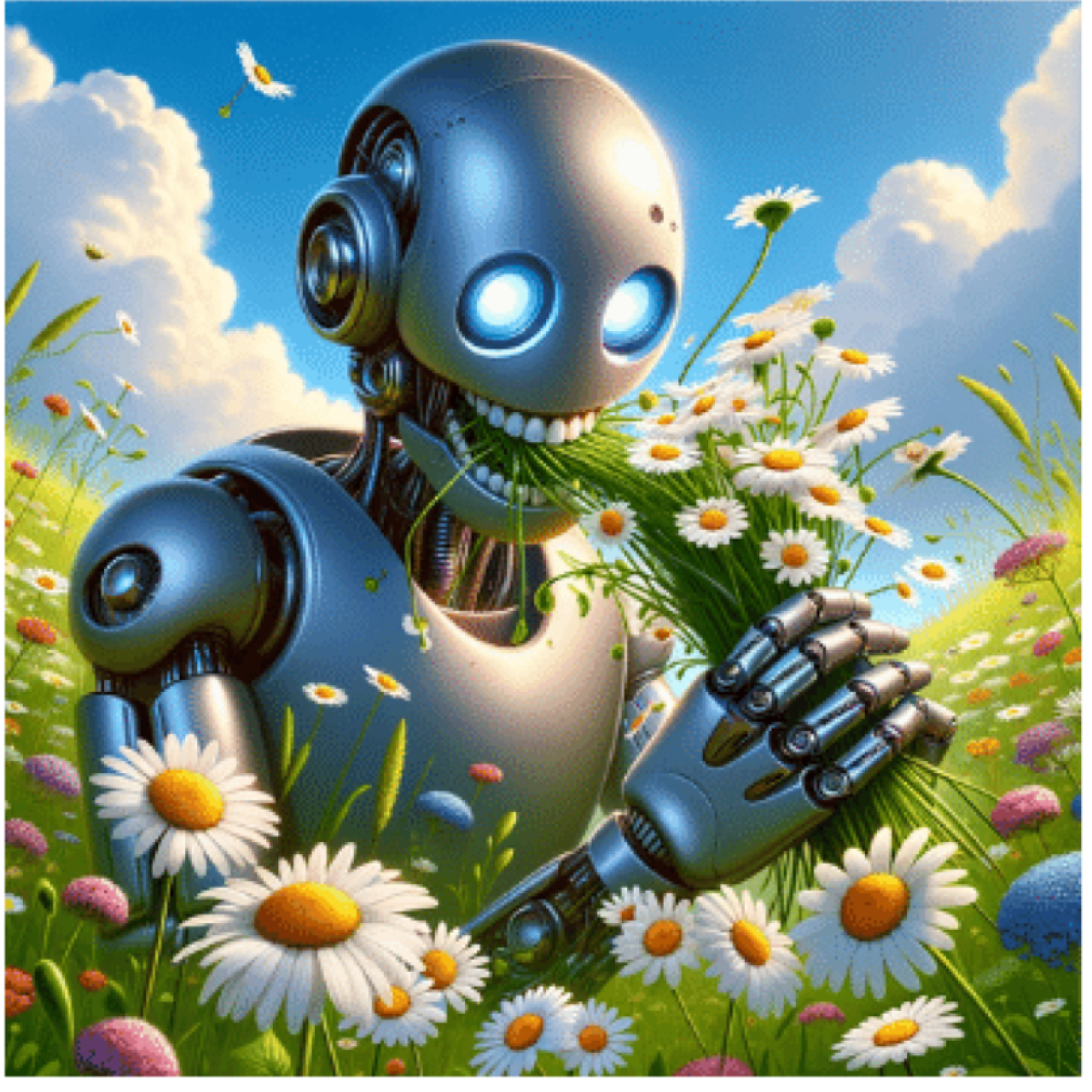 A robot sitting in a flower meadow. frantically chewing on a bunch of daisies