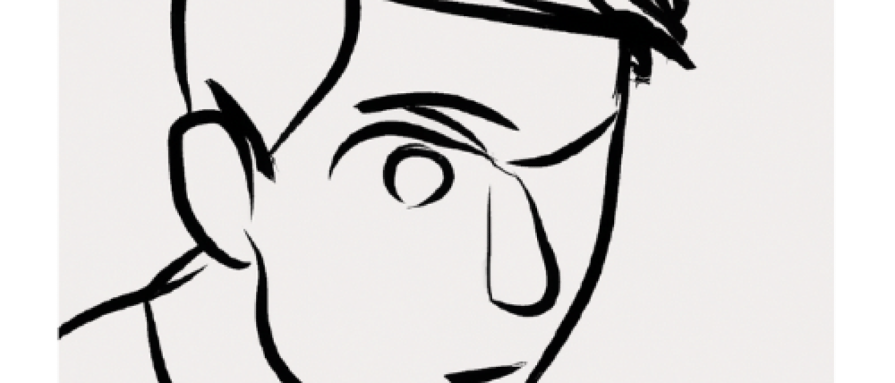 A black and white line drawing of a man looking critically at the viewer