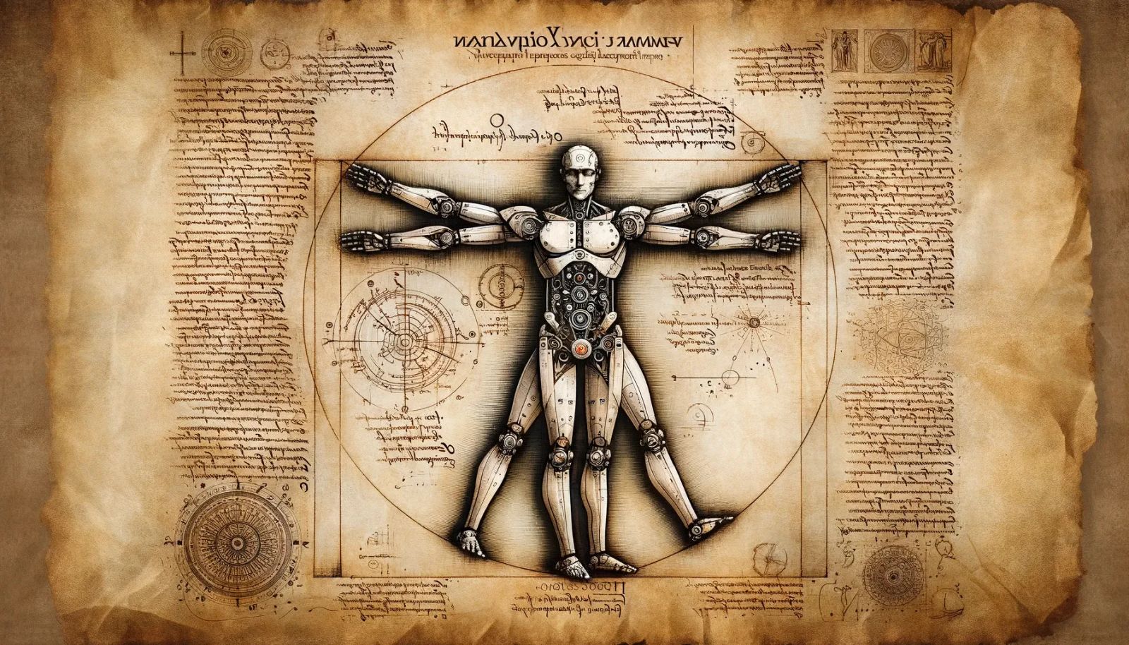 Drawing of an old parchment depicting Leonardo Da Vinci's Vetruvian Man as a robot