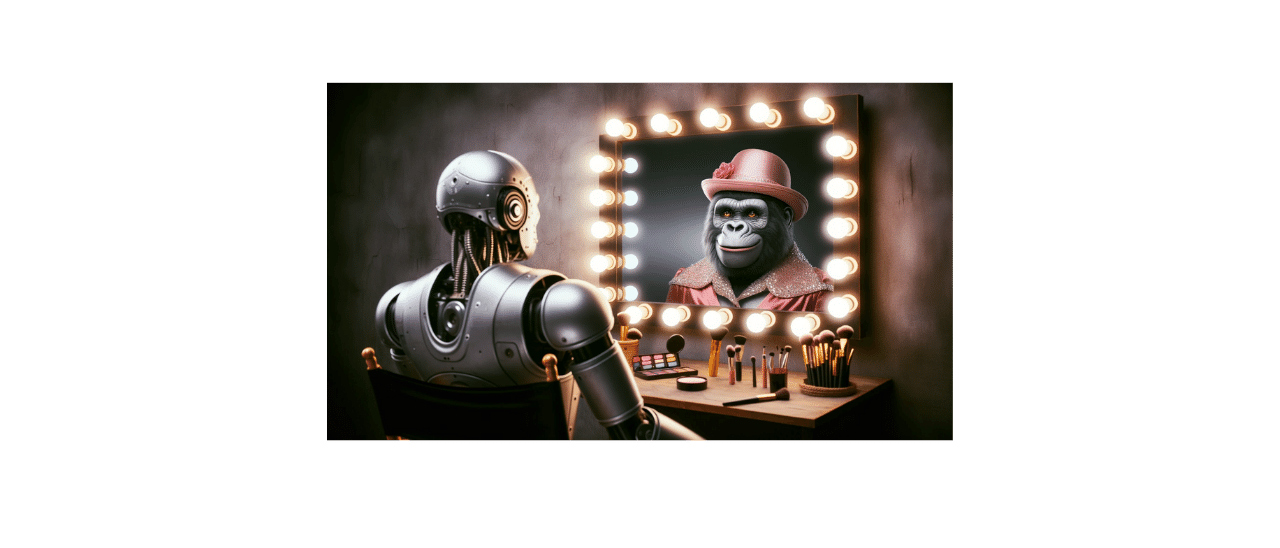 A robot looking into a typical backstage makeup mirror, seeing an image of a female gorilla smiling back 