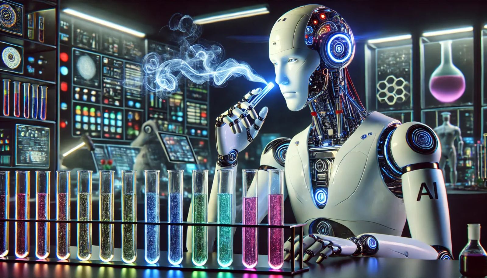 A robot scientist in a high tech lab testing the scent from various coloured test tubes