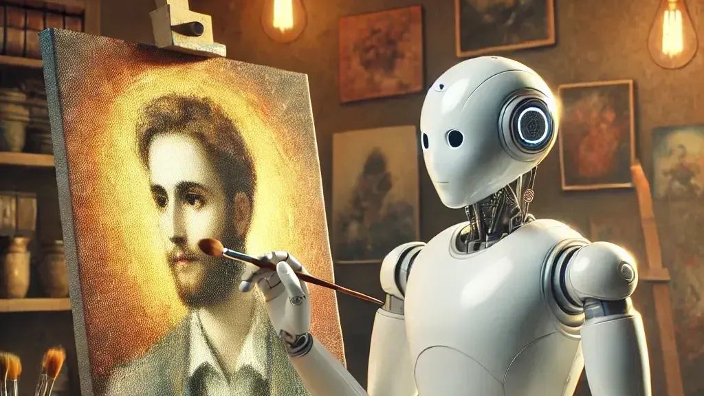 A robot artist painting a self-portrait which appears to show that the robot is male. 