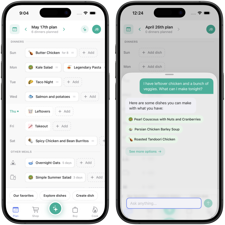 Two Relay app screens: a weekly meal plan with dinners listed by day, and a chat where the user asks what to make and the app suggests dishes.
