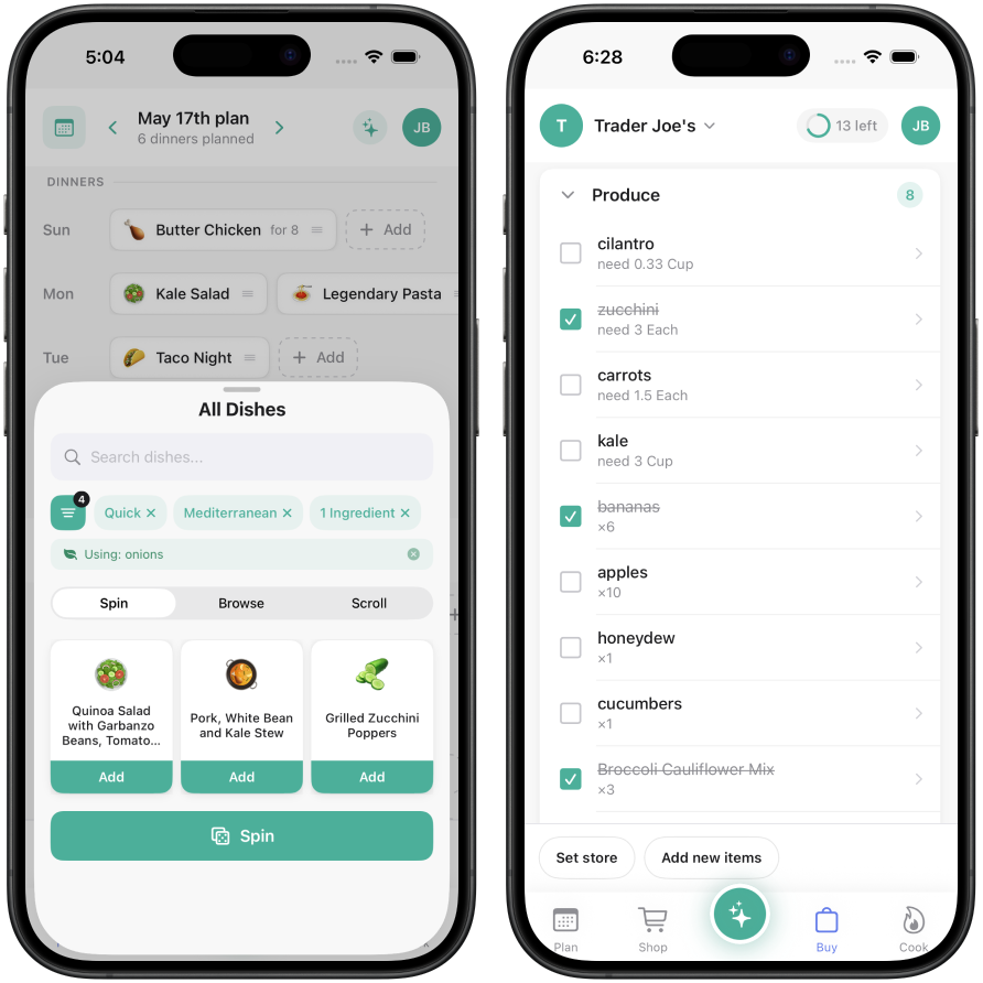Two Relay screens: a dish-picker offering three suggestions to choose from, and an in-store shopping list grouped by aisle with checkboxes to tick off items.