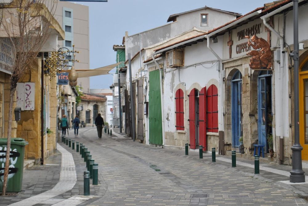 A café-lined pedestrian street in the old town of Nicosia, Cyprus