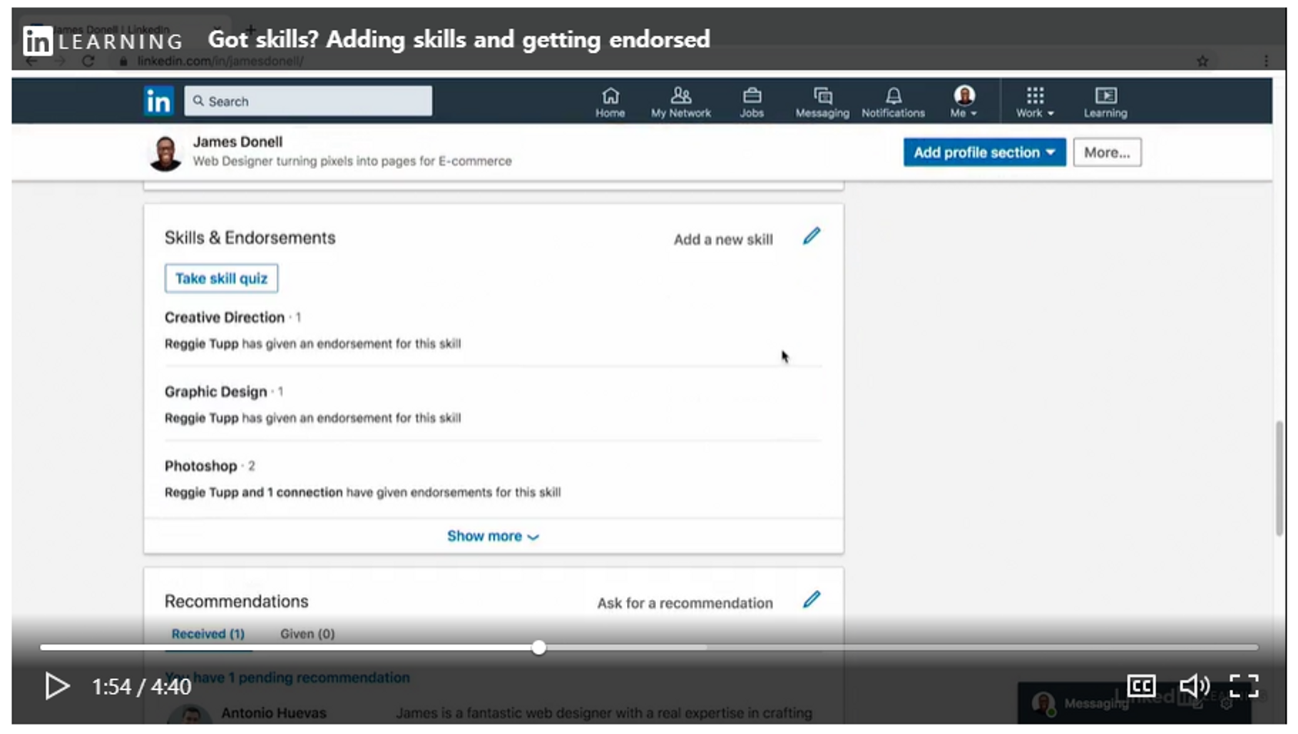 Linkedin Help - Skills & Endorsements 기능 소개 영상 캡처