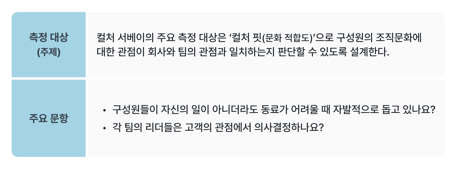 '컬처 서베이'의 측정 대상(주제)과 주요 문항