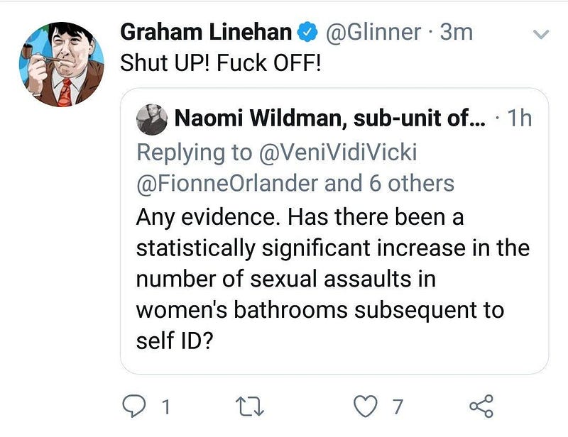 Tweet by Graham Linehan (@glinner) reading “Shut UP! Fuck OFF!”. Quoted is a Tweet which reads “Any evidence. Has there been a statistically significant increase in the number of sexual assaults in women’s bathrooms subsequent to self ID?”