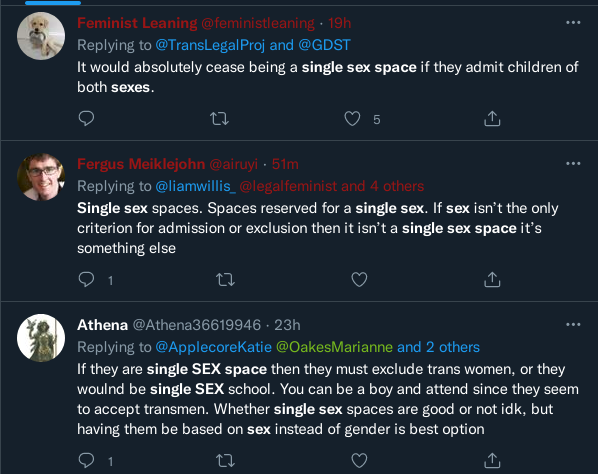 Three Tweets; “It would absolutely cease being a single sex space if they admit children of both sexes.”, “Single sex spaces. Spaces reserved for a single sex. If sex isn’t the only criterion for admission or exclusion then it isn’t a single sex space it’s something else”, Athena: “If they are single SEX space then they must exclude trans women, or they woulnd be single SEX school. You can be a boy and attend since they seem to accept transmen. Whether single sex spaces are good or not idk…”