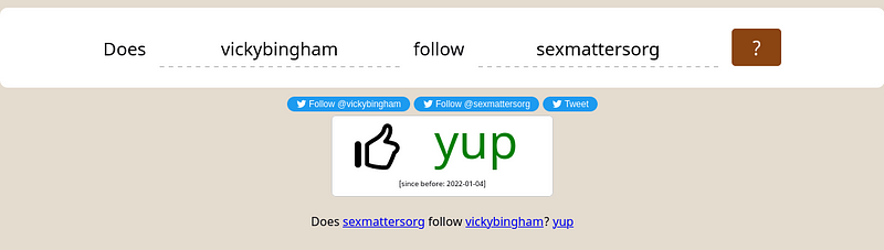 Screenshot from DoesFollow.com showing that Vicky Bingham (VickyBingham) follows Sex Matters (SexMattersOrg) on Twitter