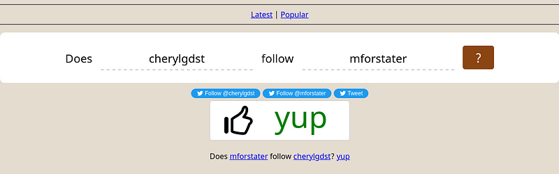 Screenshot from DoesFollow.com showing that Cheryl Giovanni (CherylGDST) follows Maya Forstater (MForstater) on Twitter