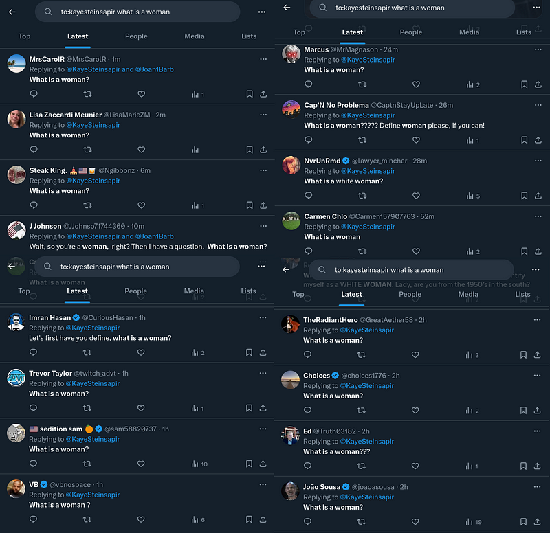 Four screenshots of Twitter searches showing 16 Tweets sent to Kaye Steinsapir saying variations on “What is a woman”