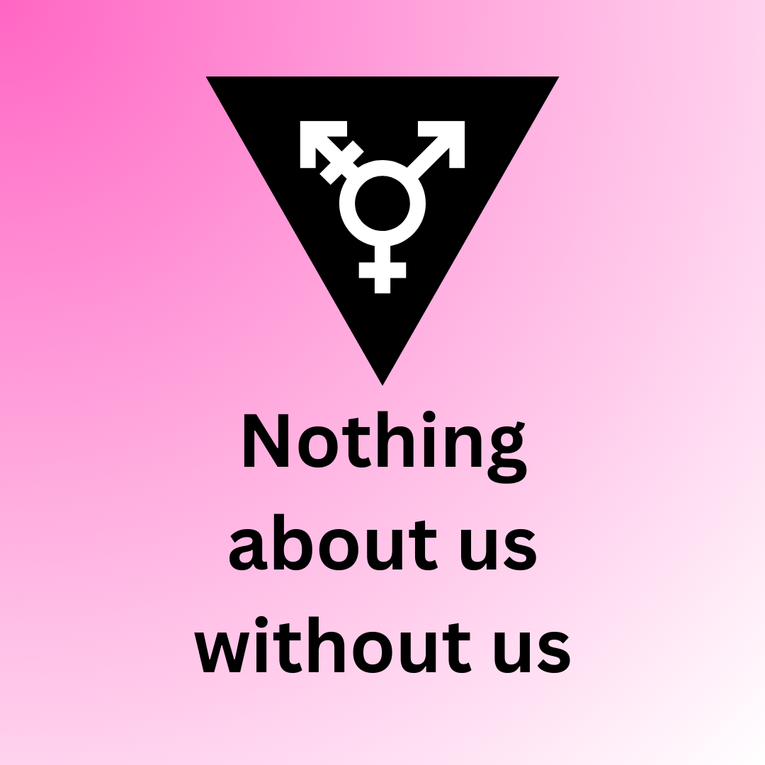 Inverted black triangle with a white trans pride symbol inside above the text "Nothing about us without us" against a pink and white gradient background