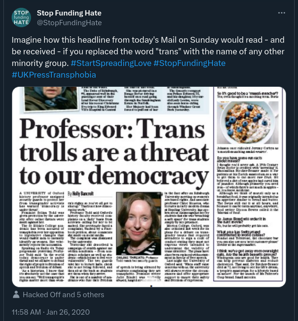 Tweet by Stop Funding Hate (@StopFundingHate): “Imagine how this headline from today’s Mail on Sunday would read — and be rec