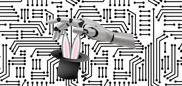 A floating robotic hand reaches to pull a rabbit from a top hat over a stylised circuitry background