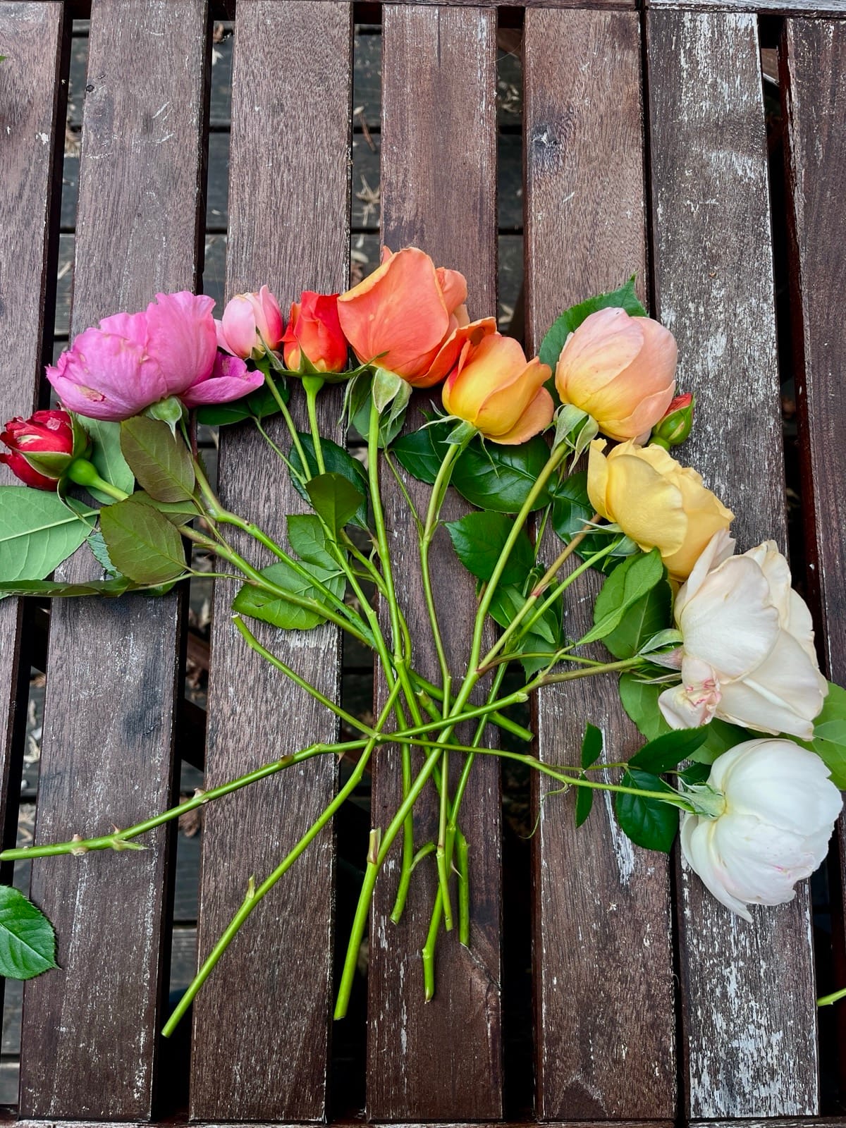 Overhead shot of freshly trimmed flowers on a dark wooden table, their green stems vivid against the slats.