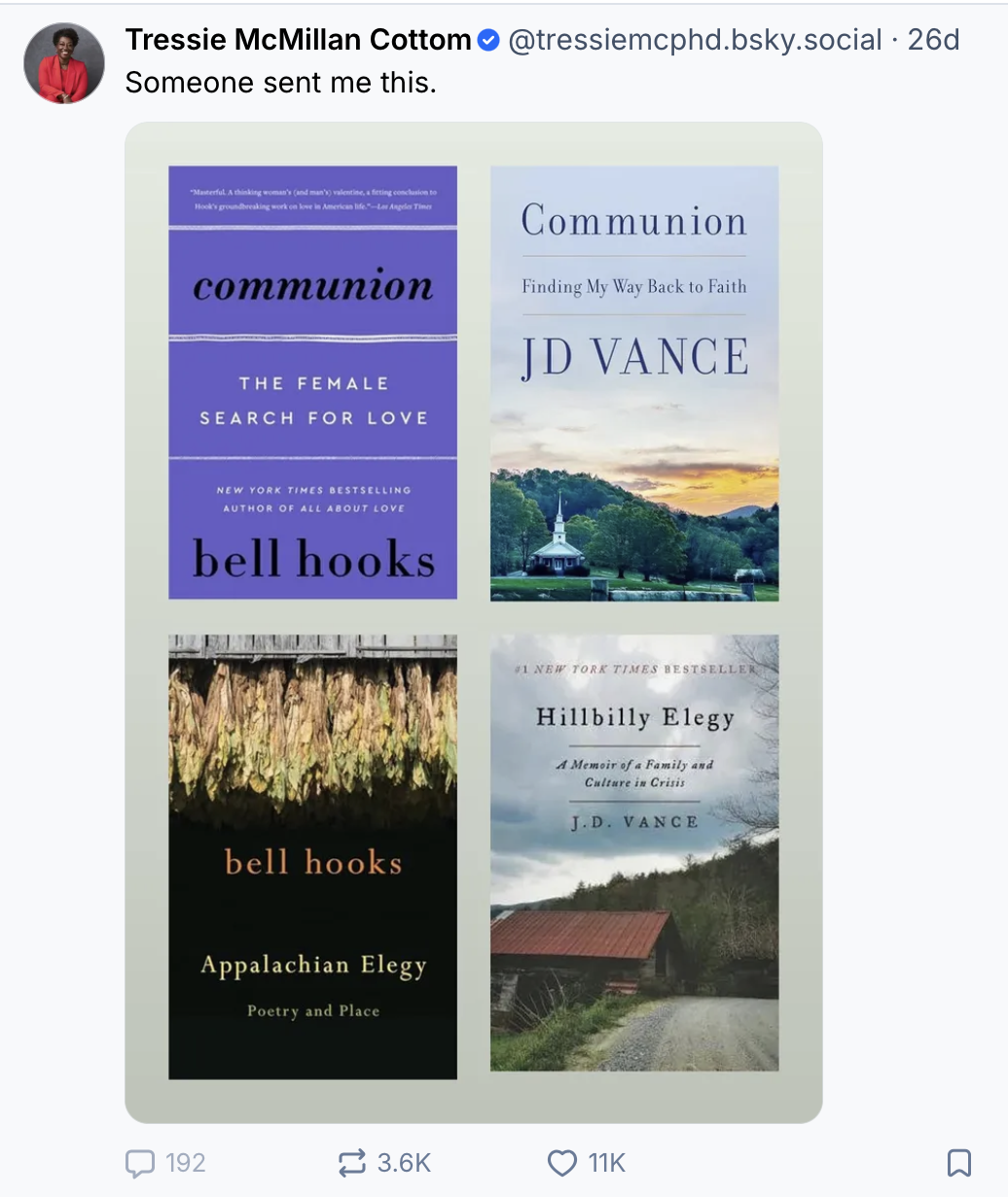 This Bluesky post shows the book covers to bell hooks's "communion" and "Appalachian Elegy" beside JD Vance's "Communion" and "Hillbilly Elegy"