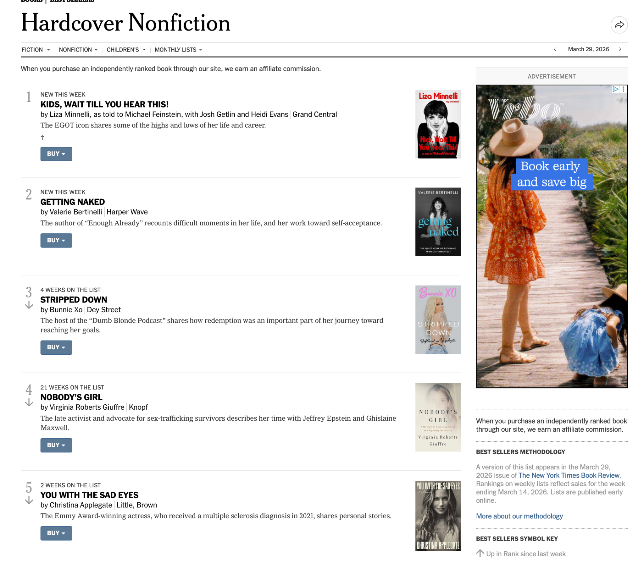 A screenshot of the New York Times website for the bestseller list, white background with cover images along the right side. 