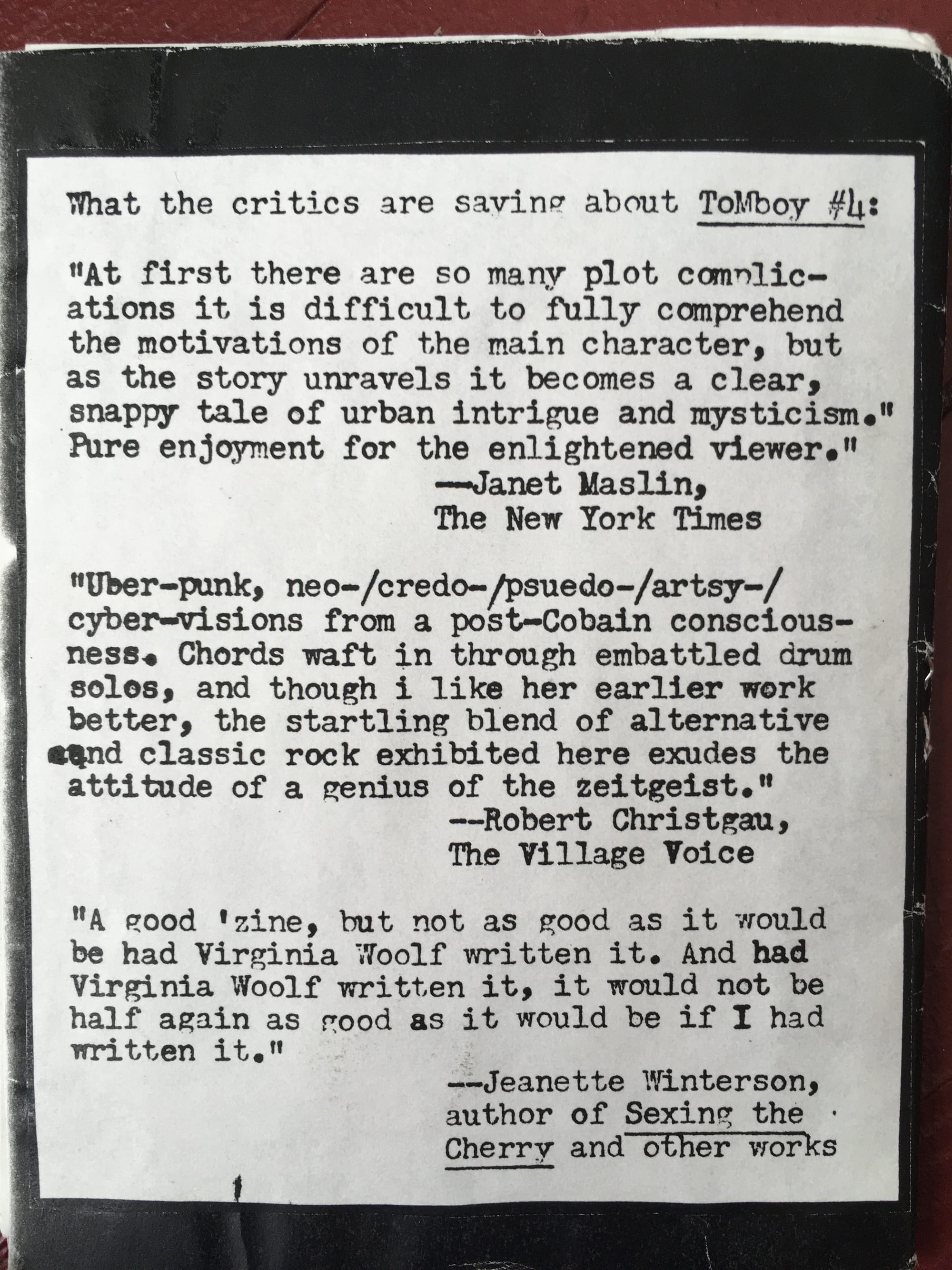 Image showing the back of a zine with typewritten (and fake) blurbs from Jeanetter Winterson, Robert Christgau (Village Voice), and Janet Maslin (NYT)