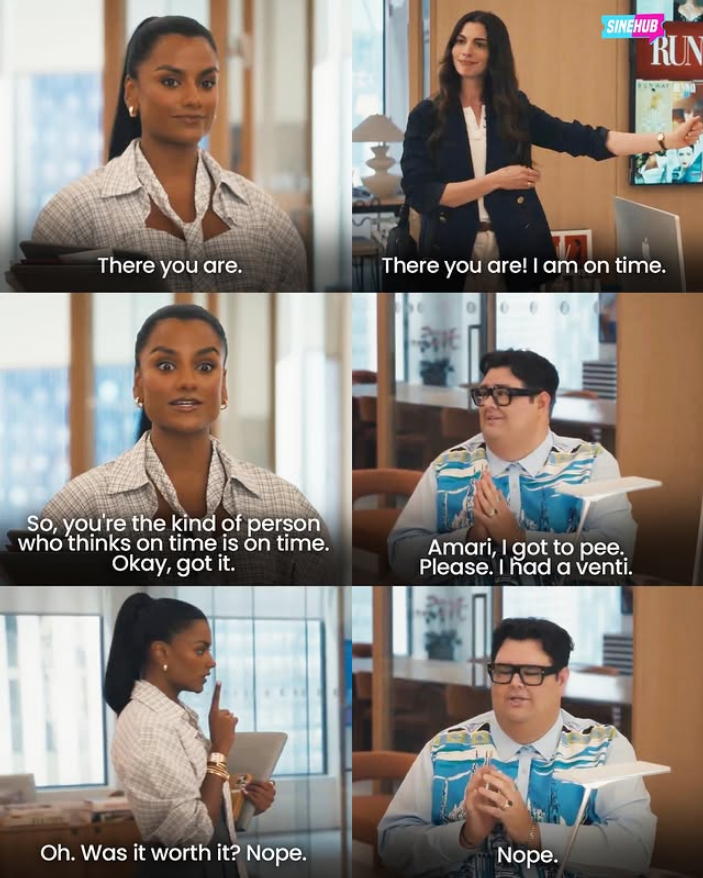 Six screen shots showing a brown-skinned Indian woman with a long black ponytail speaking to a fat white man with black hair and square glasses.