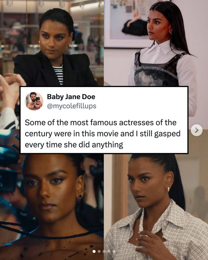 4 screenshots of actress Kate Sharma, a brown-skinned Indian woman with a long sleek black ponytail. in The Devil Wears Prada 2.