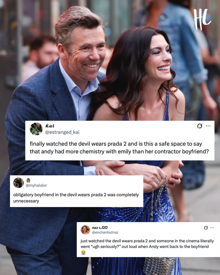 A backgroudn image of Anne Hathaway, a white woman with dark brown straight hair in a blue shiny dress is being hugged by a white man with gray hair in a blue suit. 