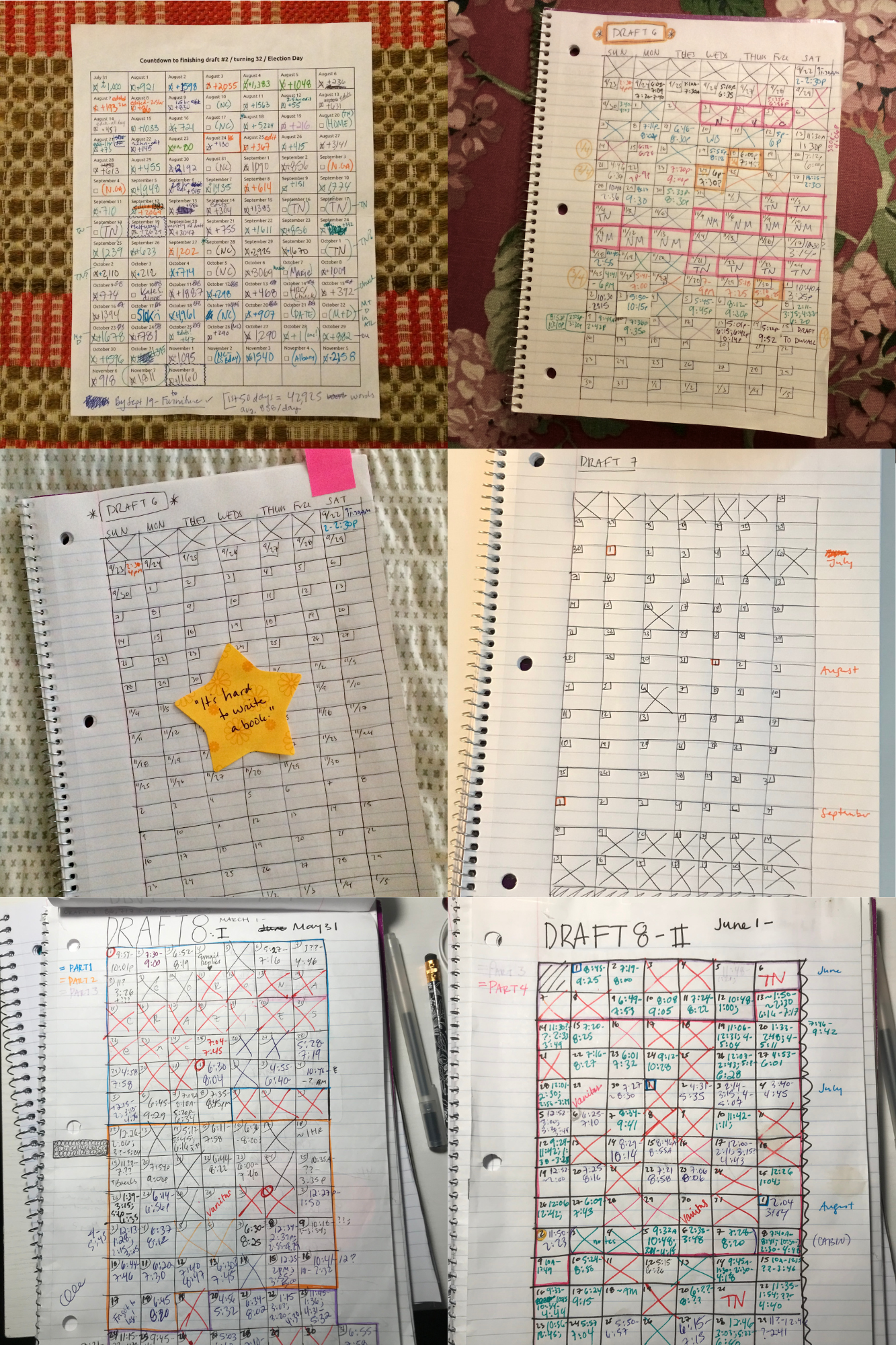 A collage of six photos shows handwritten calendars and habit trackers on notebook paper, documenting a long-term writing project across multiple drafts.