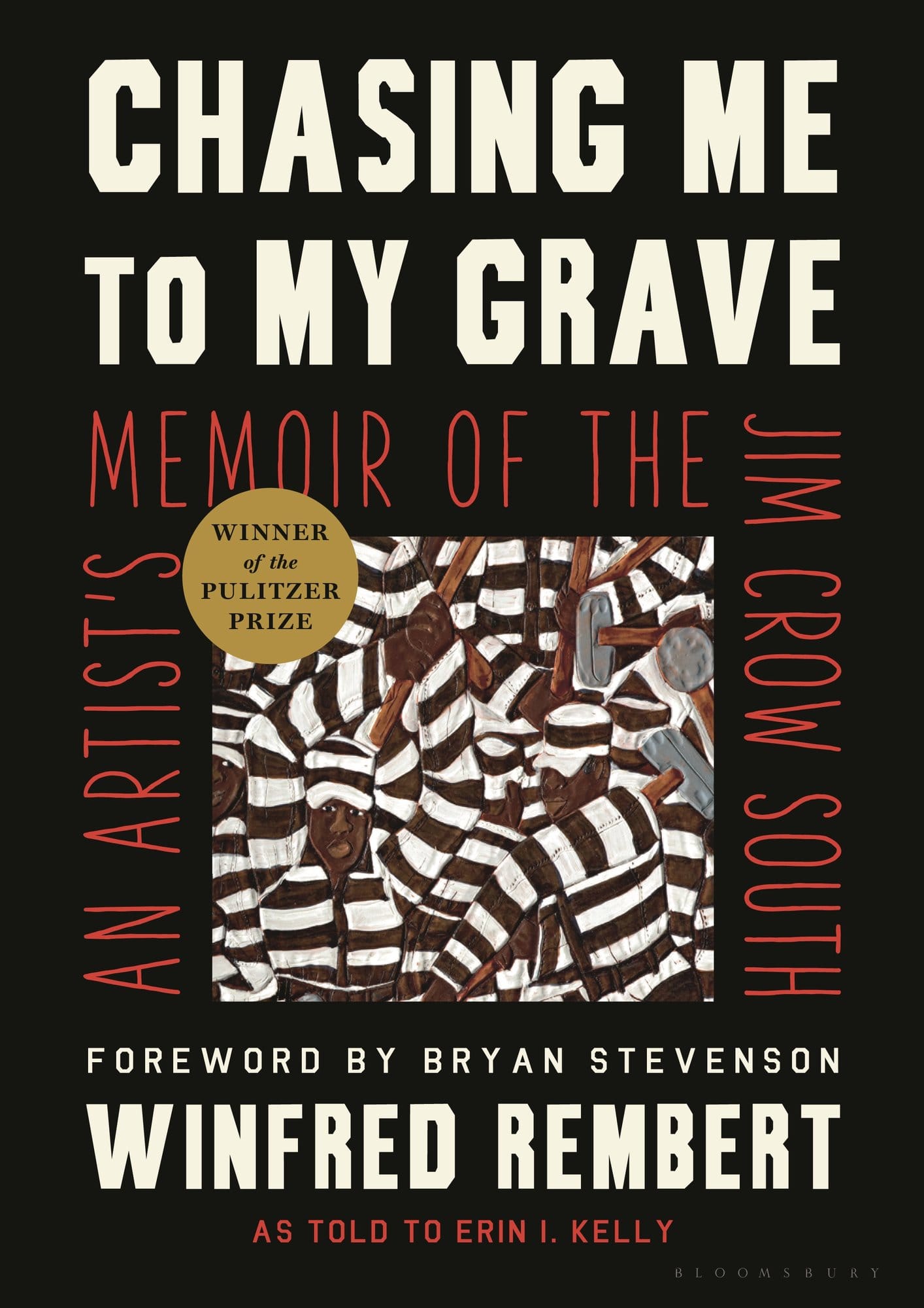 A book cover, black with a painting of black men in striped prison uniforms, and white and red text. 