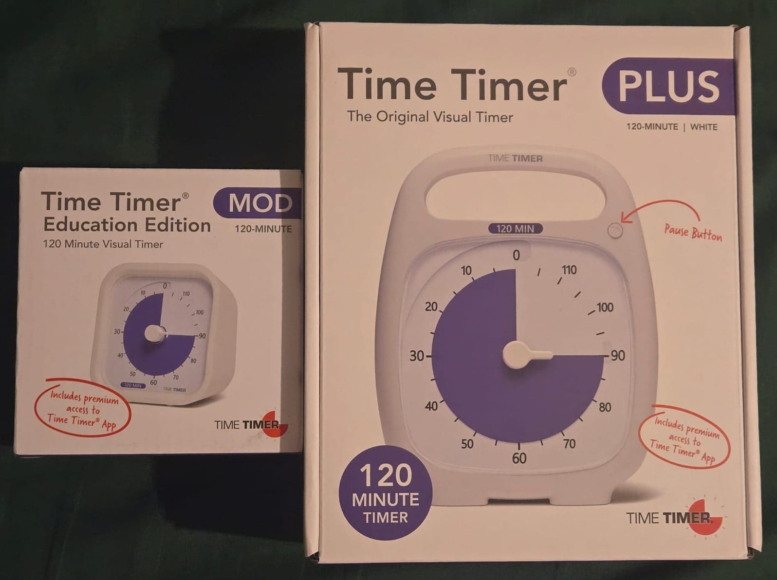two boxed visual timers with purple screens shown side-by-side. both have 90 minutes on the clockfaces