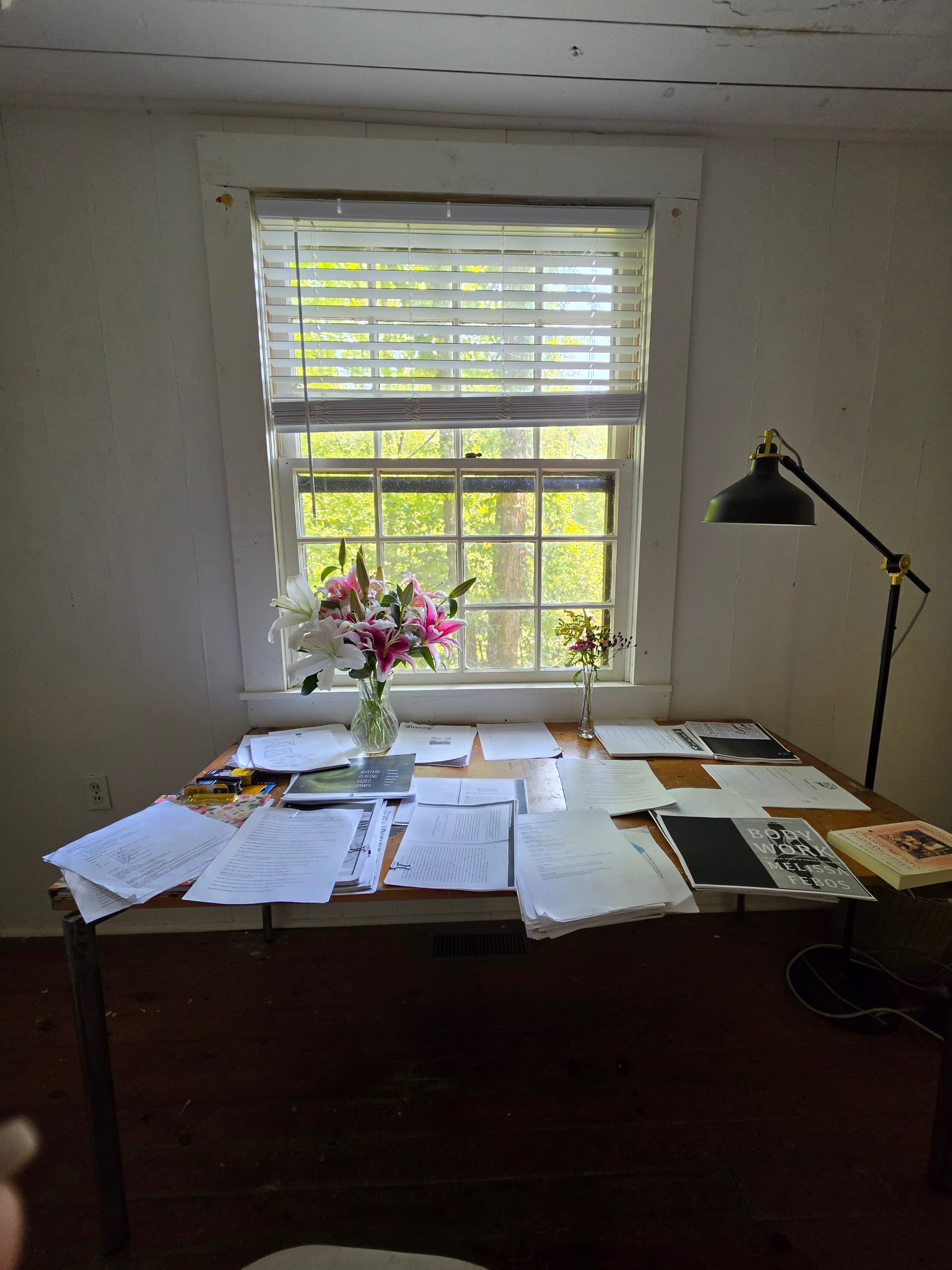 A wooden desk covered in photocopies and printouts sits in front of a window. Trees and distant mountains are visible through the glass. On the left side of the desk there is a vase of pink and white lillies. On the right, a tall black lamp.
