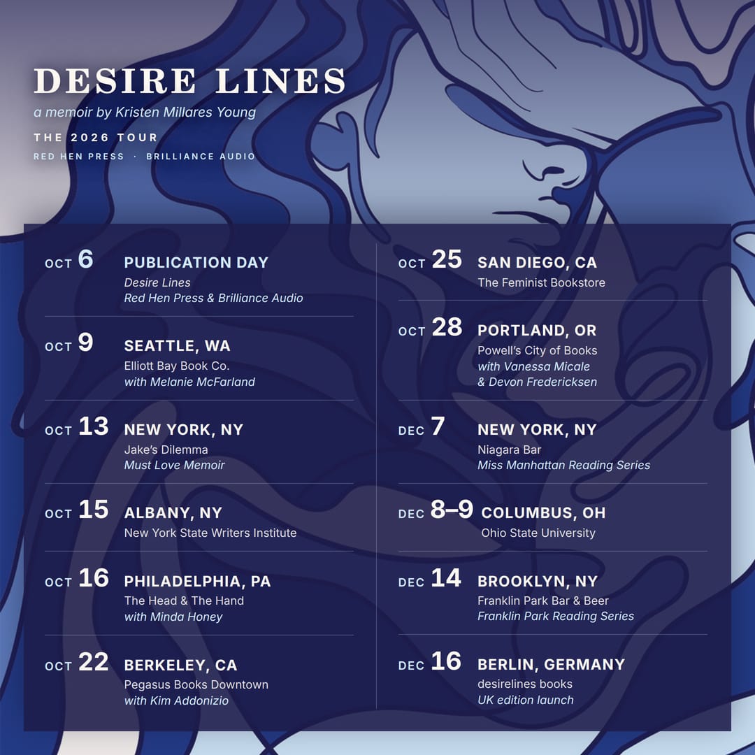 A calendar of dates, white on a blue background, with the Desire Lines cover image in the far back.