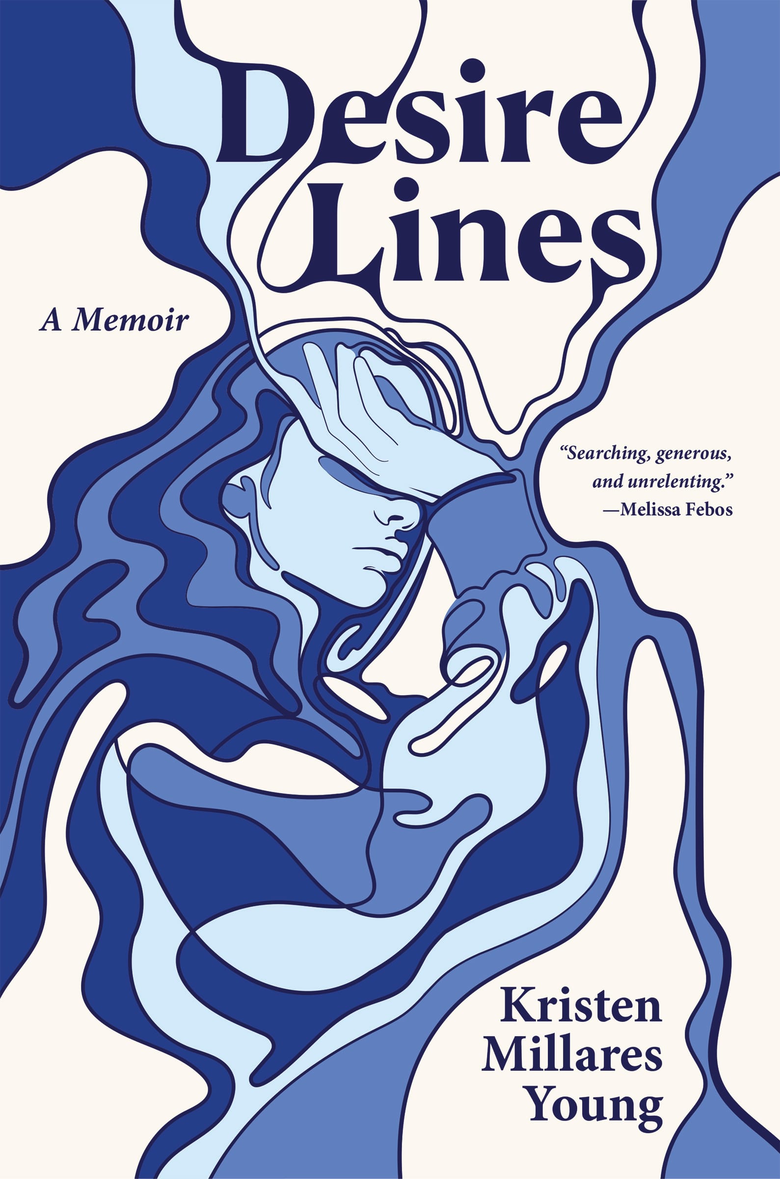 A book cover showing a line drawing of a woman with various different lines coming off of her, in shades of blue, with her hand over her face. 