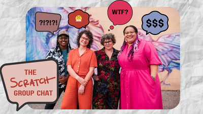 An outdoor group photo of four people standing in front of a mural with exasperated thought/speech bubbles above their heads. The bottom left reads "The Scratch Group Chat"