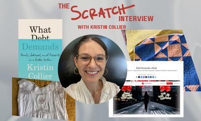 A collage  featuring Kristin Collier's headshot, the cover of her book WHAT DEBT DEMANDS, and photos of quilts and embroidered tops from estate sales she attended.