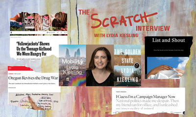A collage of images, featuring a headshot of a smiling white woman with brown hair in the center, surrounded by screenshots of headlines from articles she's written.