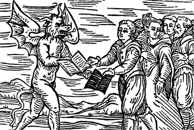 A 17th-century woodcut showing a pact being made between witches and a winged Devil.