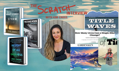 a blue, watery background with images of Kim Cross's books collaged with some cutouts of her articles, with a photo of Kim in the middle.