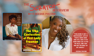 A photo collage on a blue and orange background featuring two book covers and a headshot of Deesha Philyaw, a Black woman with caramel micro-locs wearing a white shirt.