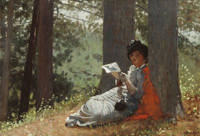Oil painting of a well-dressed white girl with a red cape reading beneath an oak tree. 