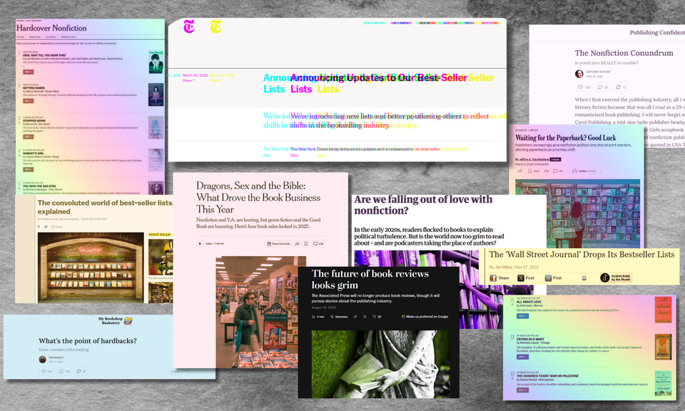 Multiple clipped headlines from various news sources are collaged together with rianbow colors and filters over a dark grey background.