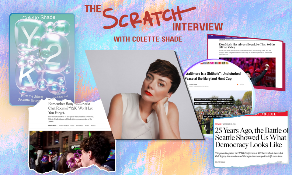 A collage of images, featuring in center, a white woman with short dark hair wearing a white sleeveless top and resting head on hand. Surrounded by book covers and magazine clips.