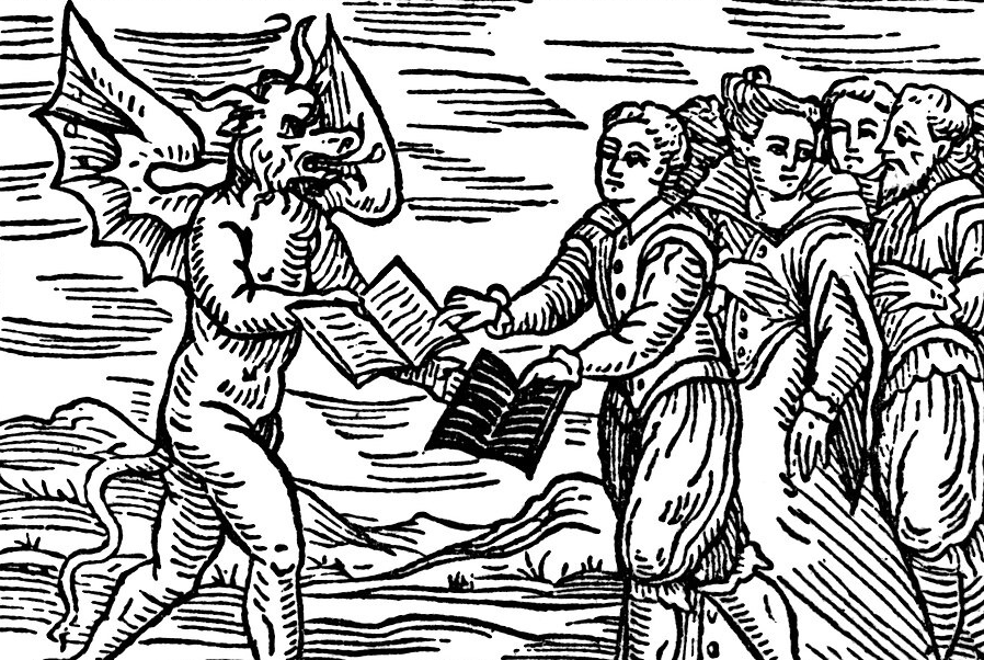 A 17th-century woodcut showing a pact being made between witches and a winged Devil.