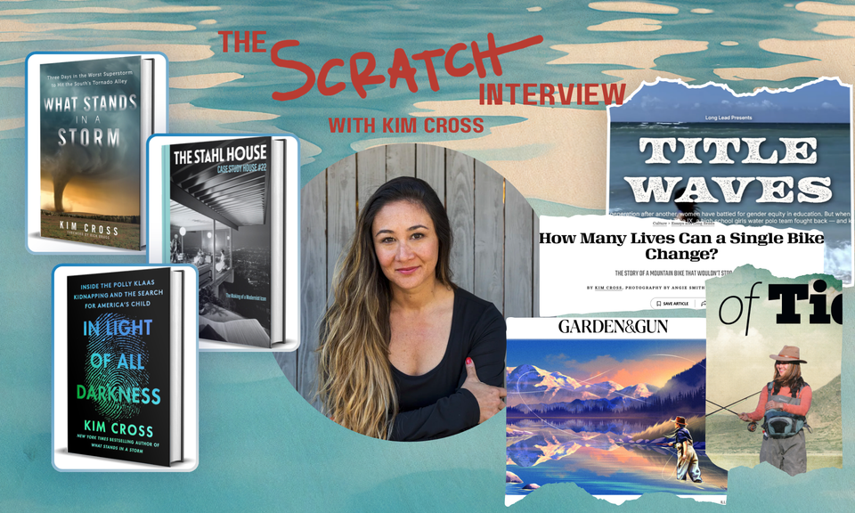 a blue, watery background with images of Kim Cross's books collaged with some cutouts of her articles, with a photo of Kim in the middle.