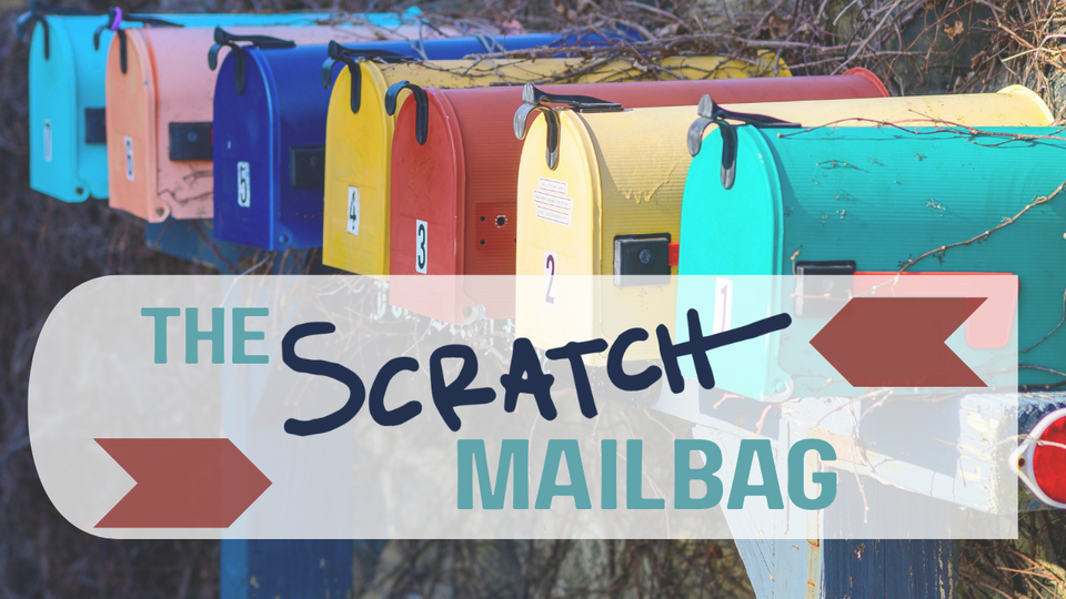 A row of mailboxes in rainbow colors, behind a banner reading The Scratch Mailbag. 