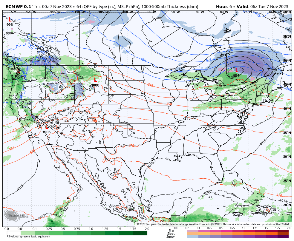 ECMWF 6-hour precipitation intensity over the next seven days.