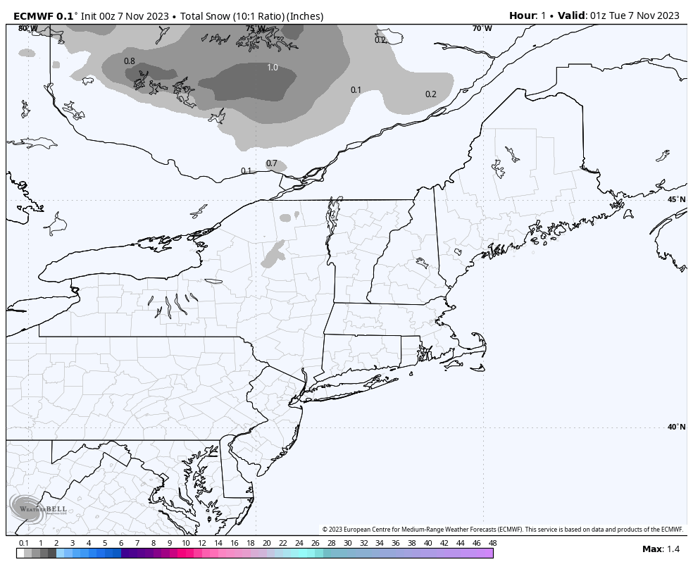 ECMWF snowfall accumulations through Monday at 10:1 ratios.