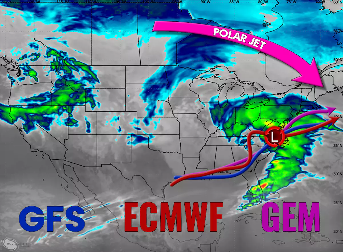 Tuesday storm tracks from the 0z runs of all three major medium-range models.