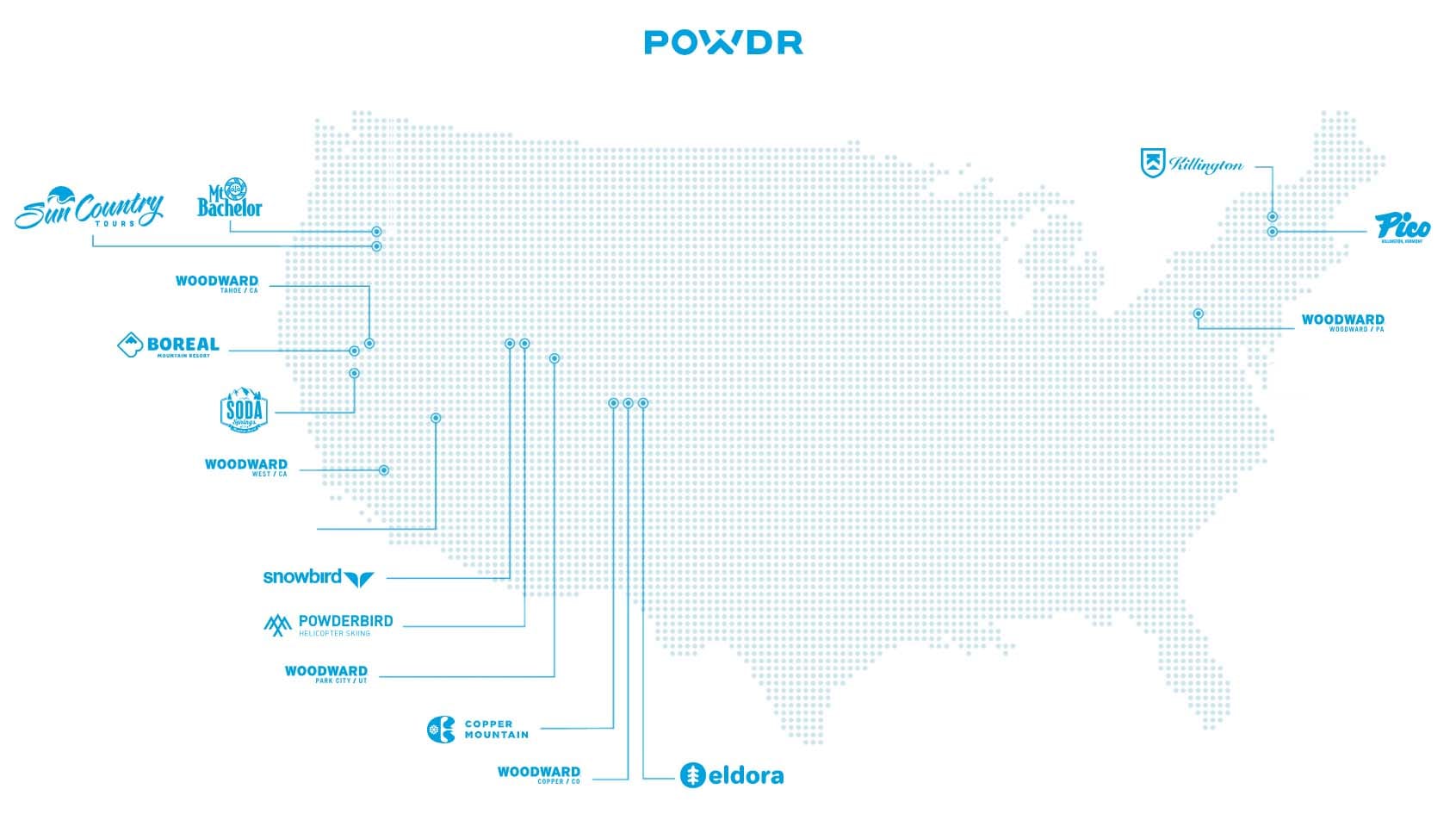 POWDR's ski properties across the United States. Not shown are SilverStar in British Columbia, and a Woodward facility being built in Australia.
