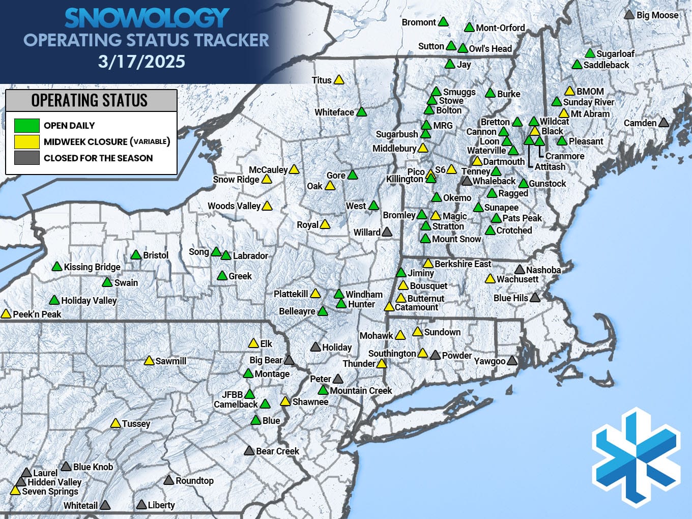 Monday-only closures due to weather are still counted as "Open Daily" on this map.