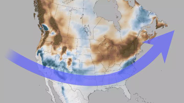Strong and moderate El Niño snowfall anomalies and predominant storm track.